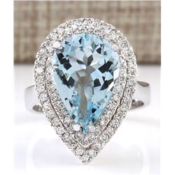 5.37 CTW Natural Aquamarine And Diamond Ring In 14k Solid White Gold