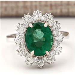 4.20 CTW Natural Emerald And Diamond Ring In 18K White Gold