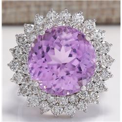 21.95 CTW Natural Kunzite And Diamond Ring 18K Solid White Gold