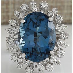 13.13CTW Natural London Blue Topaz And Diamond Ring In14K Solid White Gold