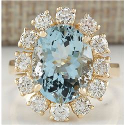 6.71 CTW Natural Aquamarine And Diamond Ring 18K Solid Yellow Gold