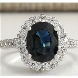 3.68 CTW Natural Blue Sapphire Diamond Ring 18K Solid White Gold