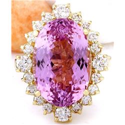 14.90 CTW Natural Kunzite 18K Solid Yellow Gold Diamond Ring