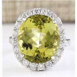 12.16 CTW Natural Yellow Beryl And Diamond Ring 14k Solid White Gold