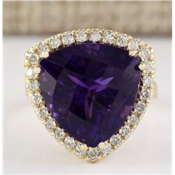 12.65 CTW Natural Amethyst And Diamond Ring In 18K Solid Yellow Gold