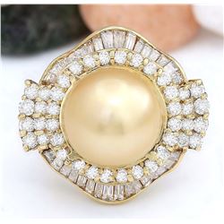 14.08 mm Gold South Sea Pearl 14K Solid Yellow Gold Diamond Ring