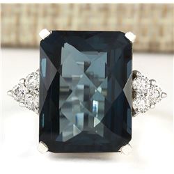 14.60 CTW Natural London Blue Topaz And Diamond Ring In14k Solid White Gold