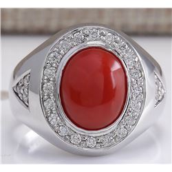 3.50 CTW Natural Red Coral And Diamond Ring 18K Solid White Gold