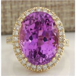 18.62 CTW Natural Kunzite And Diamond Ring 14K Solid Yellow Gold