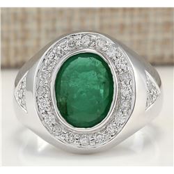 3.15 CTW Natural Mens Emerald And Diamond Ring In 14K White Gold