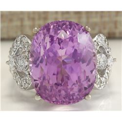 22.38 CTW Natural Kunzite And Diamond Ring In 18K Solid White Gold