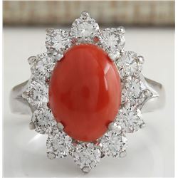 4.81 CTW Natural Red Coral And Diamond Ring In 18K White Gold