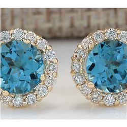 3.65 CTW Natural Blue Topaz And Diamond Earrings 18K Solid Yellow Gold