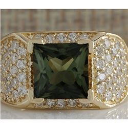 3.37 CTW Natural Green Tourmaline And Diamond Ring 18K Solid Yellow Gold