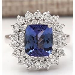 4.56 CTW Natural Blue Tanzanite And Diamond Ring 18K Solid White Gold