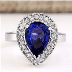 3.13 CTW Natural Blue Tanzanite And Diamond Ring 18K Solid White Gold