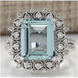 5.58 CTW Natural Blue Aquamarine Diamond Ring 18K Solid White Gold