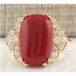 7.50CTW Natural Coral And Diamond Ring In 14K Yellow Gold