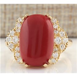 7.50CTW Natural Coral And Diamond Ring In 14K Yellow Gold