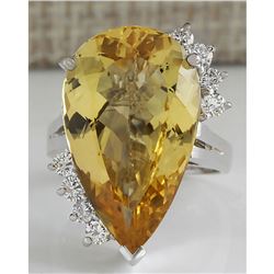 12.50 CTW Natural Yellow Beril And Diamond Ring In 14k Solid White Gold