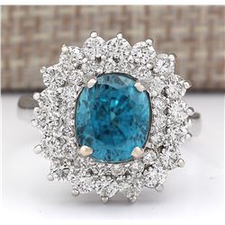 6.24 CTW Natural Blue Zircon And Diamond Ring 18K Solid White Gold