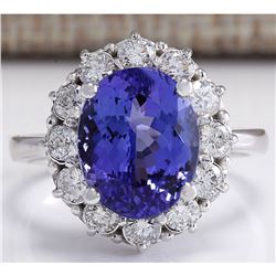 6.10 CTW Natural Blue Tanzanite And Diamond Ring 14K Solid White Gold