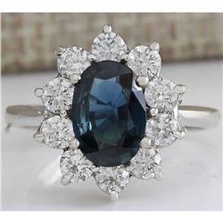 3.12 CTW Natural Blue Sapphire Diamond Ring 18K Solid White Gold