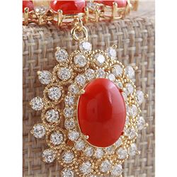 33.22 CTW Natural Red Coral And Diamond Necklace In 14K Yellow Gold