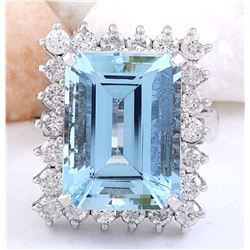 12.99 CTW Natural Aquamarine 14K Solid White Gold Diamond Ring