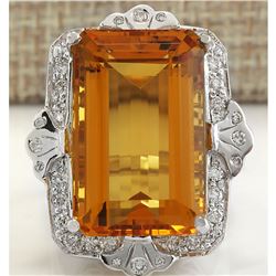 21.49 CTW Natural Citrine And Diamond Ring 18K Solid White Gold