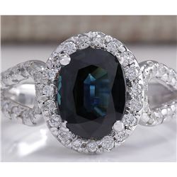 2.91 CTW Natural Blue Sapphire And Diamond Ring 18K Solid White Gold