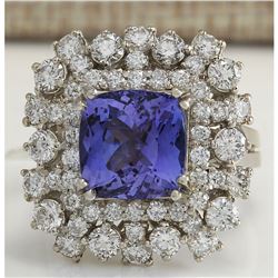 7.57 CTW Natural Blue Tanzanite And Diamond Ring In 18K White Gold