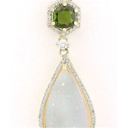 8.39 CTW Natural Opal Tsavorite Diamond Pendant In 18K Solid Yellow Gold