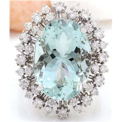 15.86 CTW Natural Aquamarine 18K Solid White Gold Diamond Ring