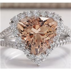 5.27 CTW Natural Peach Morganite And Diamond Ring In 18K Solid White Gold