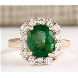 4.18 CTW Natural Emerald And Diamond Ring In 18K Rose Gold