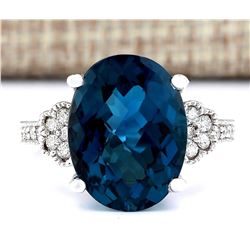 11.32 CTW Natural London Blue Topaz And Diamond Ring In14k Solid White Gold