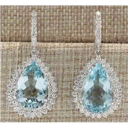 23.90 CTW Natural Blue Aquamarine And Diamond Earrin 18K Solid White Gold