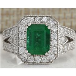 3.23 CTW Natural Colombian Emerald And Diamond Ring 18K Solid White Gold