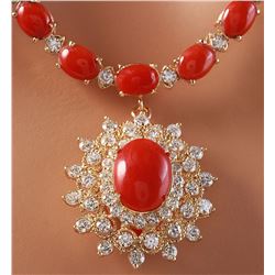 48.42 CTW Natural Red Coral And Diamond Necklace In 14K Yellow Gold