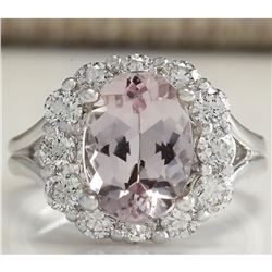 3.70 CTW Natural Peach Morganite And Diamond Ring In 14K Solid White Gold