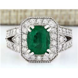 3.17 CTW Natural Emerald 18K Solid White Gold Diamond Ring