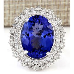 13.75 CTW Natural Blue Tanzanite And Diamond Ring 14k Solid White Gold