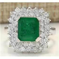 4.08 CTW Natural Emerald And Diamond Ring In 18K White Gold