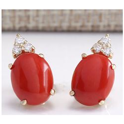 4.34 CTW Natural Red Coral And Diamond Earrings 18K Solid Yellow Gold