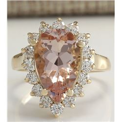 5.00 CTW Natural Peach Morganite And Diamond Ring In 18K Solid Yellow Gold