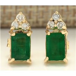 1.60 CTW Natural Emerald And Diamond Earrings 14k Solid Yellow Gold