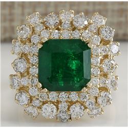 7.02CTW Natural Emerald And Diamond Ring 14K Solid Yellow Gold