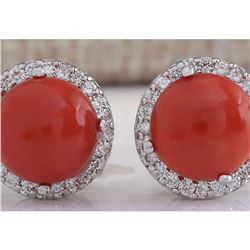 5.89 CTW Natural Red Coral And Diamond Earrings 18K Solid White Gold