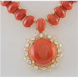 63.65 CTW Natural Red Coral And Diamond Necklace In 18K Yellow Gold